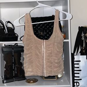 SHINESTAR RUCHED CROP CORSET TOP W HOOKS || NUDE🤎